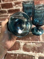 Set of 3 Vintage Colony Nouveau Riviera Blue Teal Octagonal Water Goblet Glasses