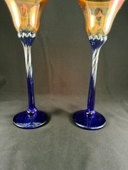 Pair Rick Strini Art Glass Tulip Wine Goblet Iridescent Amber Cobalt Signed