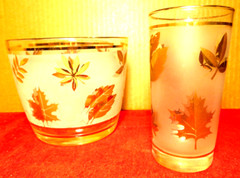 Libbey Highball~Frosted Maple Leaves Glass Ice Bucket & Matching Water Glass