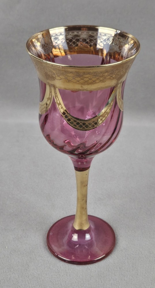 Vintage Italian or Bohemian Twist Cranberry Glass & Gold Gilt Swags 8 OZ Goblet