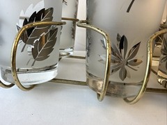 Vintage Libbey Silver Leaf Frosted Bar Glasses with Wire Carrier Caddy Used