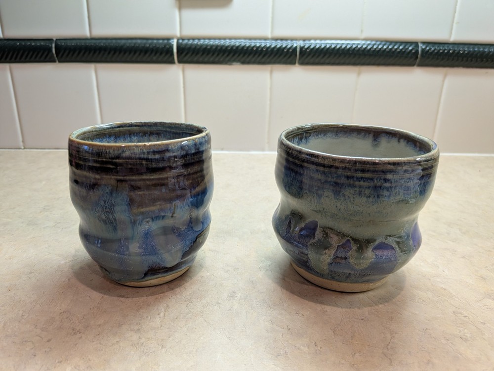 Studio Art Pottery Drip Glaze Drinking Tumblers Set Of 2 Signed
