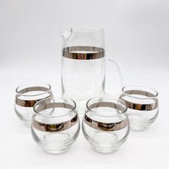 Libbey Pitcher and 4 Glasses Set Double Shot Rocks MCM Silver Band Barware