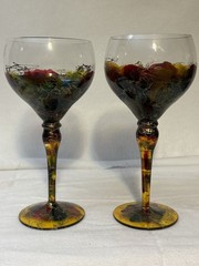 2 Monaco Monarch Crystal Hand Painted Wine Glasses 8.25” Tall Incredible Colors