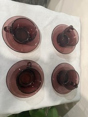 Vintage Vereco France Amethyst Glass Cup Saucer SET OF 4 Espresso Tea Coffee