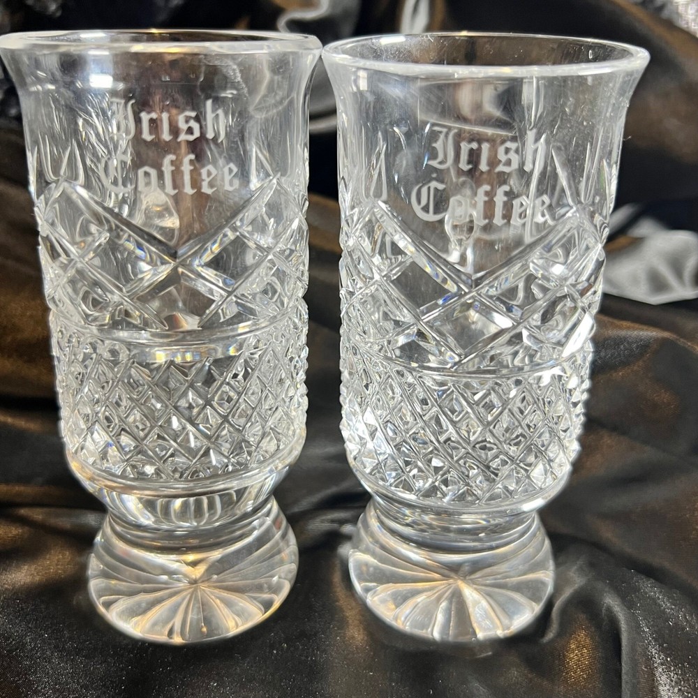 IRISH COFFEE Galway Blarney Glasses, Etched & Cut Lead Crystal IRELAND 2pc