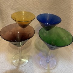 Vintage colorful martini glasses With Etched Dots in Purple Green Yellow & Blue