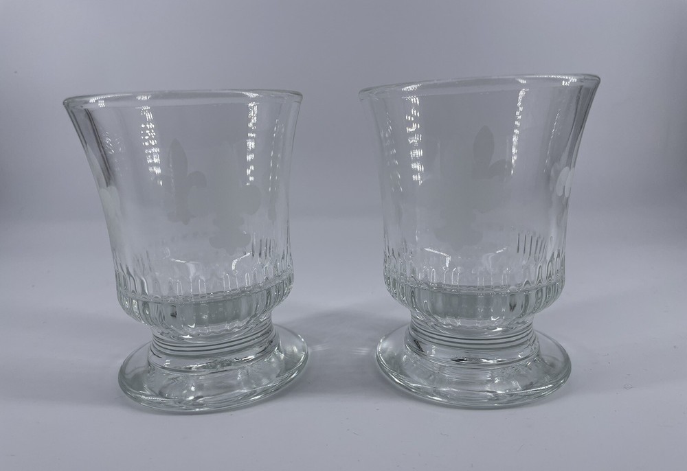 2 Footed Clairey France Etched Fleur De Lis Glasses Tumblers