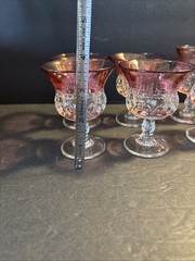 Kings Crown Thumbprint Cranberry Cordial Glasses-(8)-Cranberry Flashed EUC