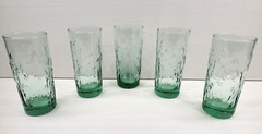 (5) Libbey Iris Spanish Green Tumblers Set Flower Embossed Textured Glasses Lot