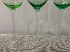 Set of 5 Green & Clear Glass Wine / Water Glasses Goblets