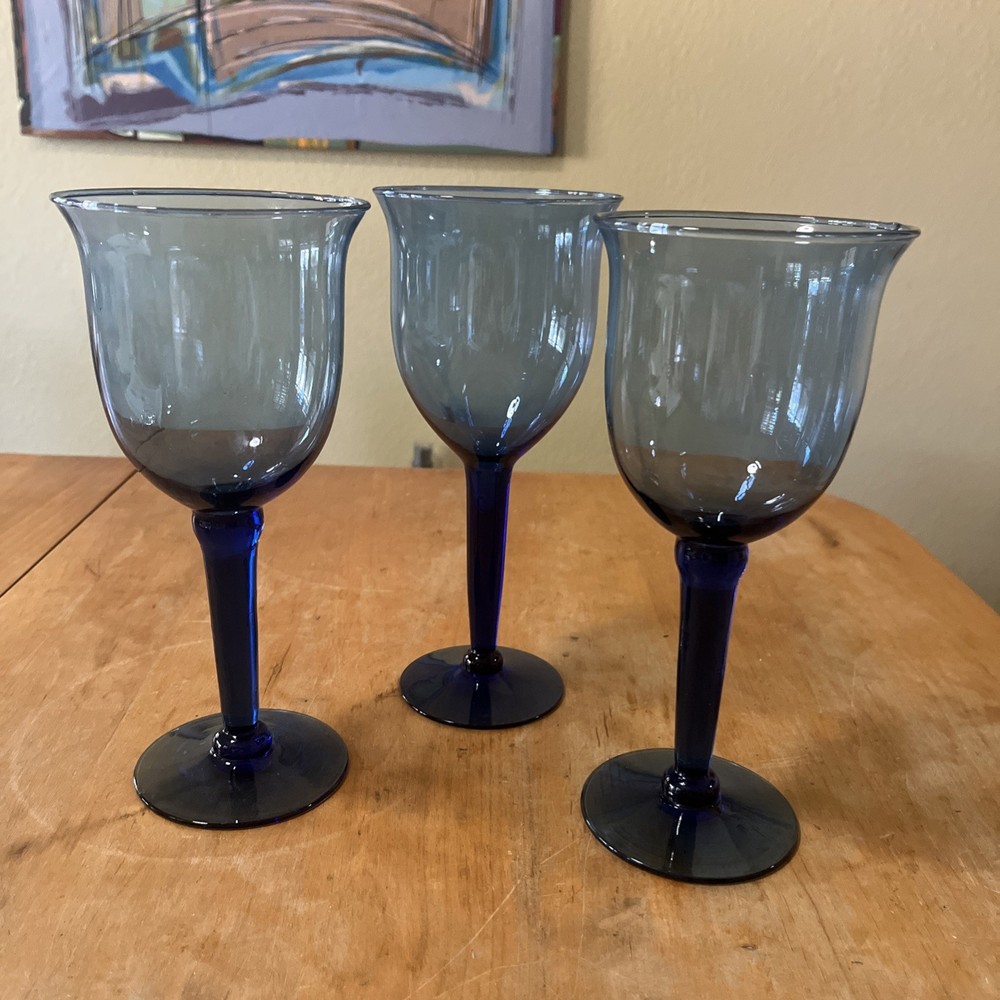Set Of 3 Cobalt Blue Hand Blown Wine Water Goblets Thick Stem Tulip Shape 9.5”