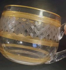 Antique Moser Style Crystal Punch Cup Etched Swirl and Fish Scale Gilt Ribbed