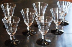 Vtg Set 7 WESTON Liquor Cocktail Glasses BLACK FOOT CLEAR OPTIC PANEL BOWL 3.75″