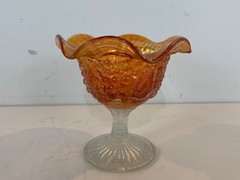 Vintage Amber Iridescent Glass Pedestal Compote with Ruffled Rim and Grape Dec