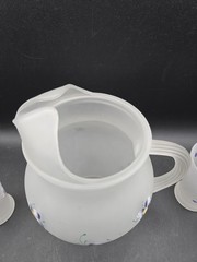 Frosted Glass Hand Painted Juice Pitcher And Glasses Purple Flowers Vintage