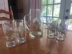 Rare Vintage Set Of 8 Culver Cotton Boll Gold Highball Glasses & Pitcher MCM