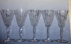 Vintage Cambridge etched leaves and flower lot of 5 stemware water-wine goblets