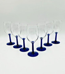 Vintage Set Of 7 Clear With Cobalt Blue Hexagonal Stem Wine Glasses 7.25″