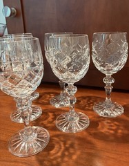 Vintage Bohemian Crystal Goblets Mixed Patterns Starburst Foot Faceted Stem 6.5”