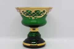 Vintage Czech Republic Bohemian Emerald Green Glass Gold Enameled Goblet NOS B1