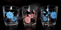 VINTAGE SET OF 3 PINK & BLUE HAZEL ATLAS 8 OZ. SOUR CREAM DRINKING GLASSES