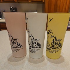 3 Libbey SOUTHERN BELLE Frosted Tom Collins Glasses, pink, white, and yellow