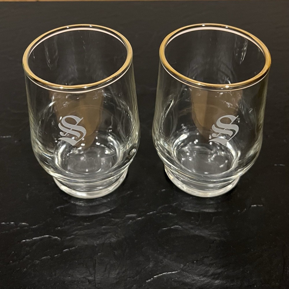 Vintage MCM Aperitif Cordial Glasses Gold Rim Monogram Letter S Set of 2