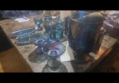 Blue Iridescent Carnival Glass Stemmed Goblet Drinkware Set with Trays