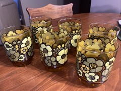VTG 70s Libbey Glasses Amber Yellow Avocado Green Floral Set Of 6 Mint !
