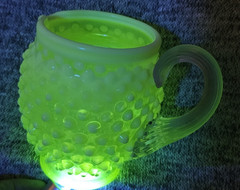 VTG Fenton Uranium Hobnail Opalescent Vaseline Glass Pitcher Yellow Clear Handle