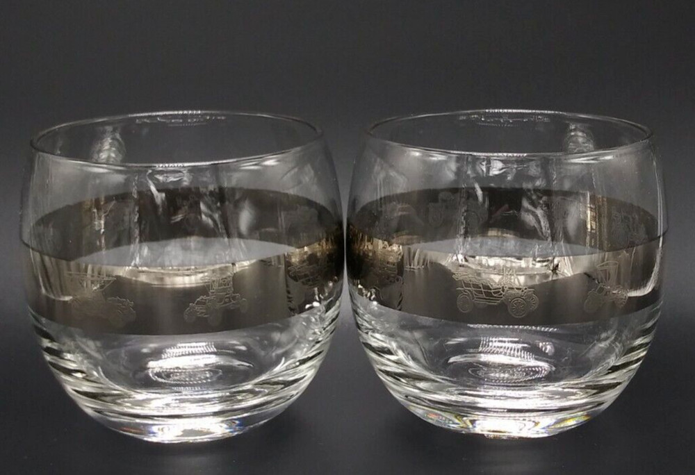 Set Silver Band Roly Poly Cocktail Glasses Pair Etched Classic Cars Vintage MCM