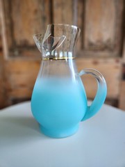 Vintage Blendo Frosted Glass MCM Pitcher Barware Turquoise Gold Trim 10” Ice Lip