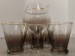 Vintage Mid Century MCM Gold Band 7 1/2” Pitcher Smokey Ombré & Five Glasses