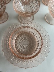 Pink Depression Glass~ Pink Jeanette Holiday Buttons & Bows 7 Piece Lot
