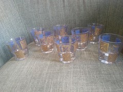 EUC 8 Vintage MCM Cera Co. Low Ball Cocktail Glasses 22K Gold And Blue Design