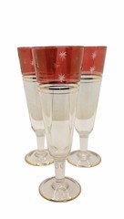 Vintage Red Frosted Atomic Starburst Champagne Flutes Set of 3 Gold Trim Glasses