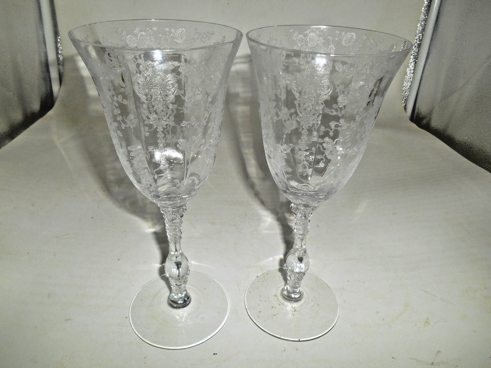Pair of Cambridge Rose Point etched Elegant Glass 10 oz. Water Goblets #3121