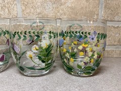 4 Vintage Godinger Hand Painted Stemless Wine Glasses Signed Florals Butterflies