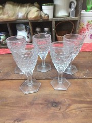 5 Vintage Fostoria American Clear Hex Foot Wine Glasses Stems 4 3/8” 2056