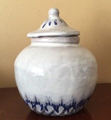 Vintage Small 5″ Vintage Mid Century Pottery Ginger Jar Signed H ? Blue Beige
