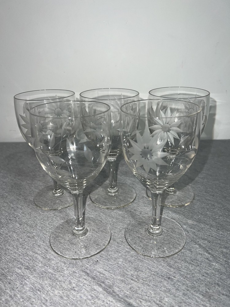 Vintage Crystal Wine Glasses Set of 5 Etched Floral Star Cut Stemware Barware