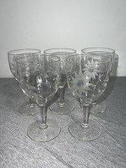 Vintage Crystal Wine Glasses Set of 5 Etched Floral Star Cut Stemware Barware