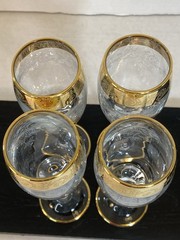 4 BERNINI Etched Crystal Stemware Cordial Glasses w/ wide 24K Gold Rim Italy 👀