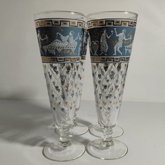 Vintage Greek Scene Etruscan Frieze Glasses by Cera Blue & Gold & White Set of 4