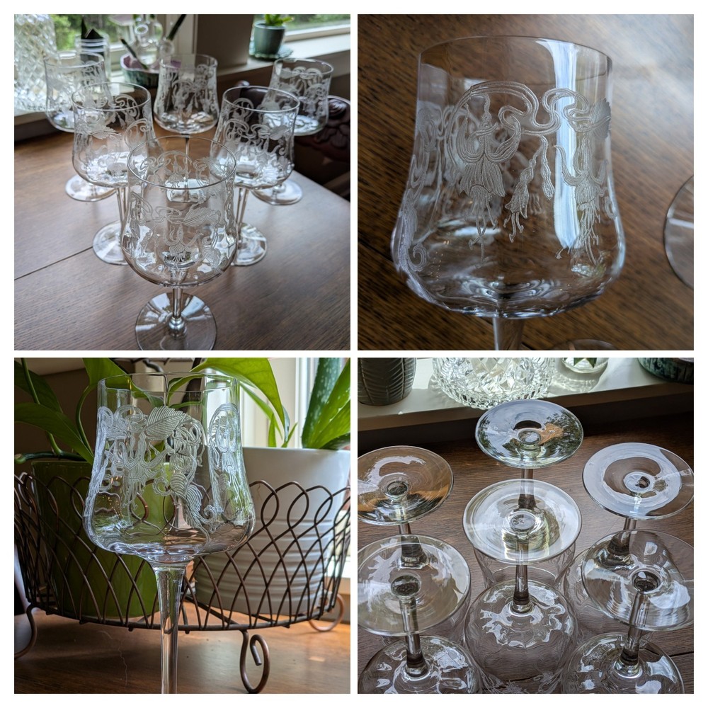 Set 6 Antique Vintage Cambridge Marjorie Fuchsia Etched Glass Wine Water Goblets
