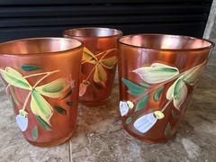 Set Of 3 Early 1900s Fenton Enameled Magnolia Marigold Glass Drinking Tumblers