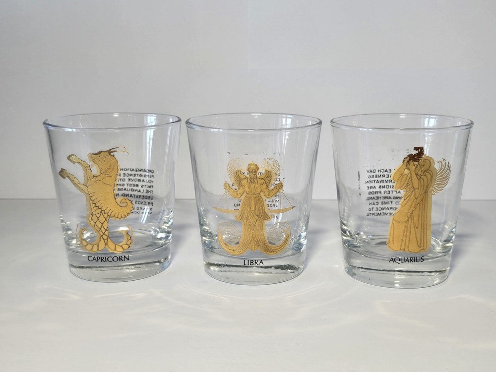 3pc Zodiac 22kt Lowball Whiskey Old Fashion Gold Glasses Anchor Hocking Vintage