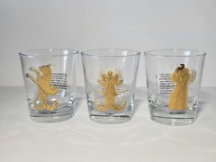 3pc Zodiac 22kt Lowball Whiskey Old Fashion Gold Glasses Anchor Hocking Vintage