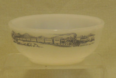 Vintage Glasbake, USA – Currier & Ives Train Design, 5″ Cereal Bowl, Milk Glass